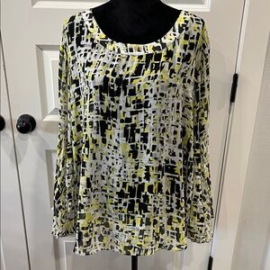 Cato Sheer Black, White, and Yellow With Bell Pleated Sleeves Abstract Blouse